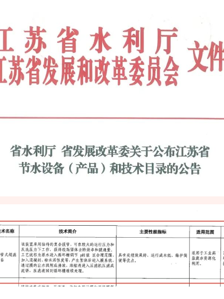 入选江苏省节水设备（产品）和技术目录