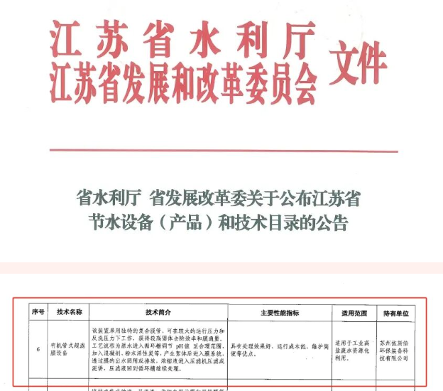 入选江苏省节水设备（产品）和技术目录